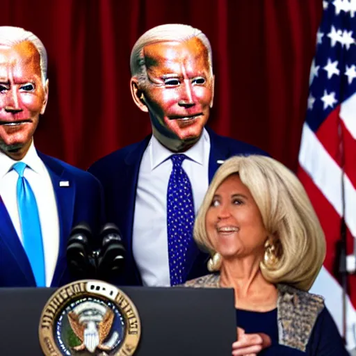 Image similar to alien wearing a wig and a dress and Joe Biden at a press conference, photograph, highly detailed, 4K