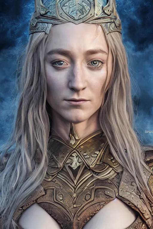 Image similar to A fantasy comic book style portrait painting of, hybrid of Saoirse Ronan, Cory Chase, as an Atlantean, Reptilian Warrior, Mystical Valkyrie, Armor, Sword, Spear, Sheild, François Boucher, Oil Painting, unreal 5, DAZ, hyper realistic, Photorealistic, octane render, Regal, Refined, Coherent, Detailed Digital Art, RPG portrait, William-Adolphe Bouguereau, Michael Cheval, Walt Disney (1937), Steampunk, golden dappled lighting, dynamic lighting, Highly Detailed, Cinematic Lighting, Unreal Engine, 8k, HD