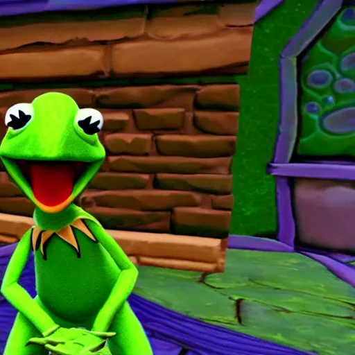 Image similar to screenshot of a kermit the frog as an npc in spyro the dragon video game, with playstation 1 graphics, activision blizzard, upscaled to high resolution