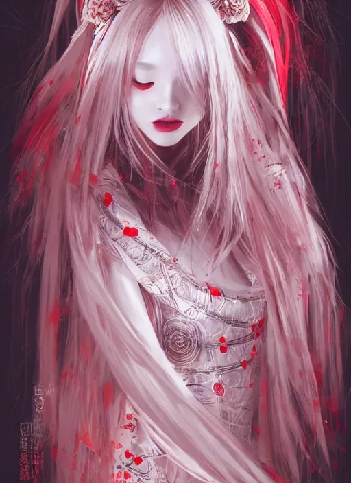 Image similar to albino maiko with very long fantasy hair, dluent composition, red and white neon, concept art, intricate details, highly professionally detailed, cgsociety, highly detailed -