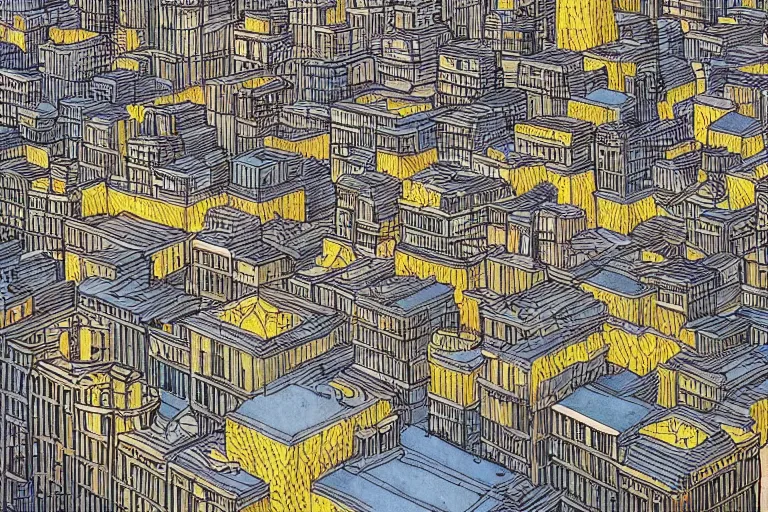 Image similar to a city with buildings made out of lemons by moebius