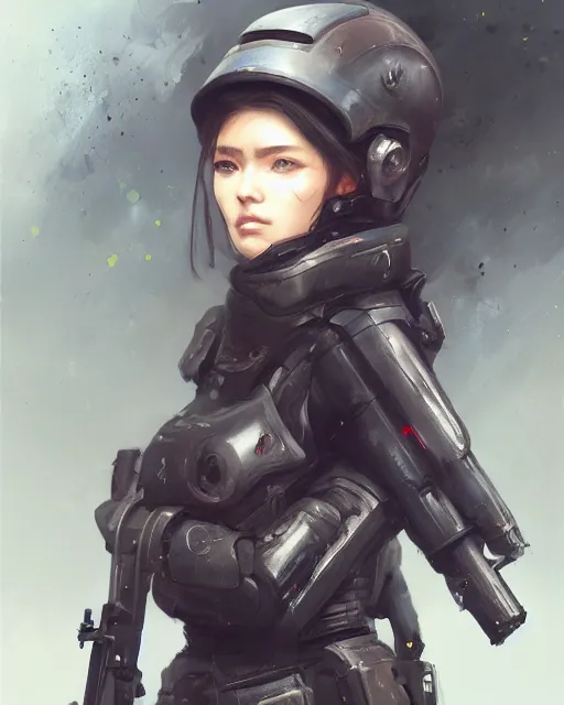 Image similar to Hyper realistic painting of a girl in riot gear, hyper detailed, anime, by greg rutkowski, trending on artstation