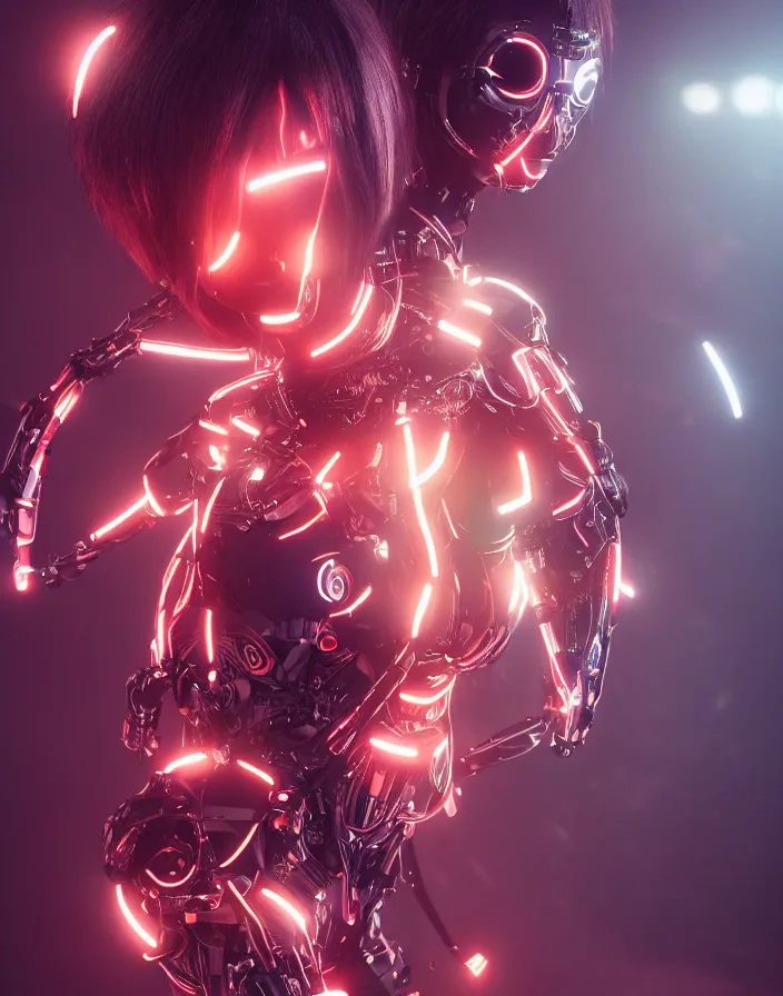 Image similar to full body portrait photo of japanese model cyborg with digital led skin, neon lighting, techno neon projector background, portrait photo, intricate details, ultra realistic, unreal engine 5, depth of field, bokeh, octane render, 8 k hd