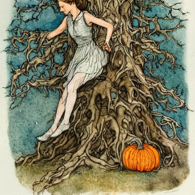 Prompt: a detailed, intricate watercolor and ink portrait illustration with fine lines, of a young alicia vikander in a dress climbing a gnarled tree in a pumpkin patch, by arthur rackham and edmund dulac