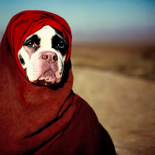 Image similar to portrait of american bulldog as afghan girl, green eyes and red scarf looking intently, photograph by steve mccurry, national geographic