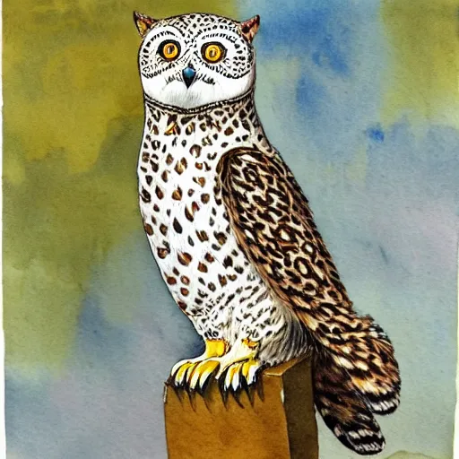 Image similar to leopard snowy owl with cat tail and four paws, gryphon, Louis William Wain watercolor, fantasy