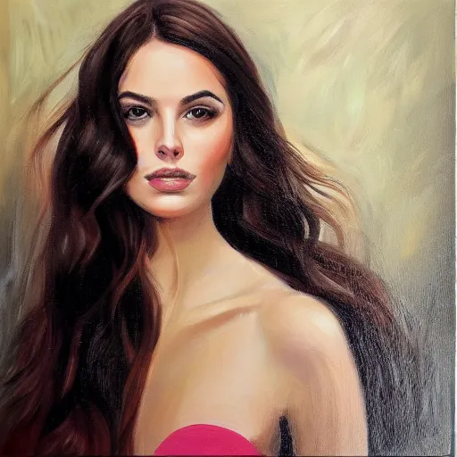 Prompt: beautiful portrait face centre oil on canvas of brunette with wavy hair Lilli Hollunder, art by Alina Ivanchenko, Rob Ross, WLUP, artgerm