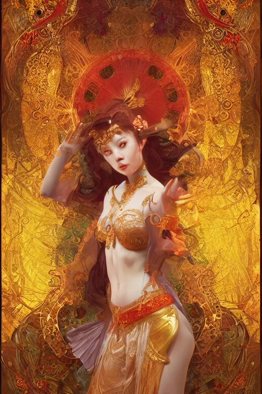 Image similar to tarot card artstation, portrait of an asian love dancer, sunrise, baroque ornamnet and rococo ornament, ancient chinese ornate, hyperdetailed, beautiful lighting, craig mullins, mucha, klimt, yoshitaka amano, red and gold and orange color palatte