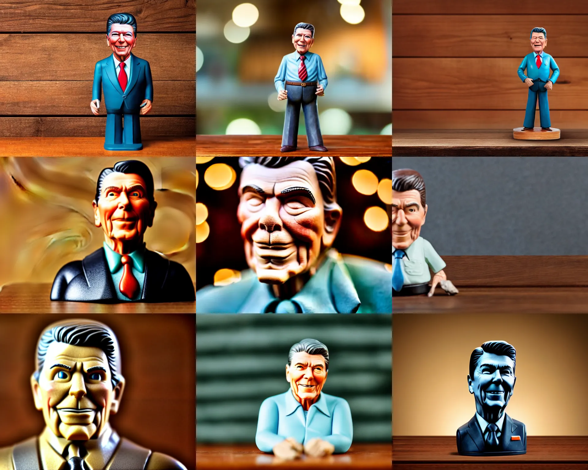 Prompt: ronald reagan figurine by pixar sad bokeh on wooden table.