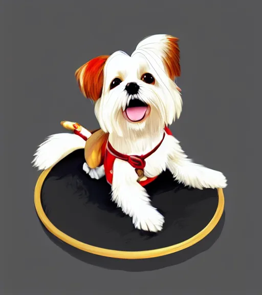 Prompt: small white shihtzu maltese mix dog on a merry go round smiling full color digital illustration in the style of don bluth, artgerm, artstation trending, 4 k