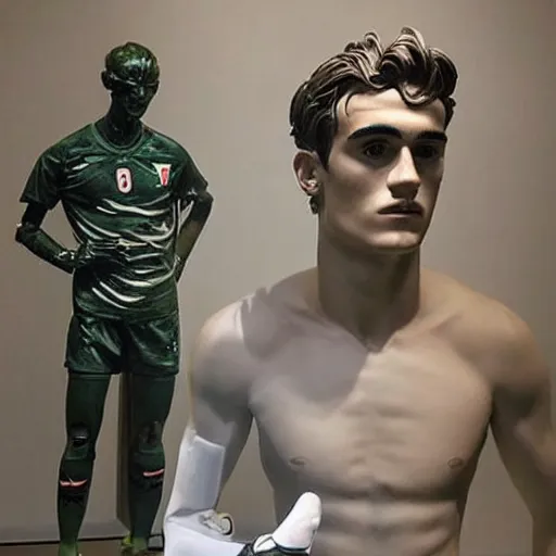 Image similar to “ a realistic detailed photo of a guy who is an attractive humanoid who is half robot and half humanoid, who is a male android, soccer player antoine griezmann, shiny skin, posing like a statue, blank stare, at the museum, on display ”