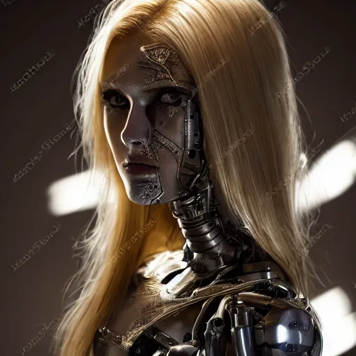 Prompt: a beautiful blond girl with human face and cybernetic body, standing on top of a pile of sculls, pretty face, perfect face, fine details, 8 k, shallow depth of field, moody lighting, cinematic lighting,