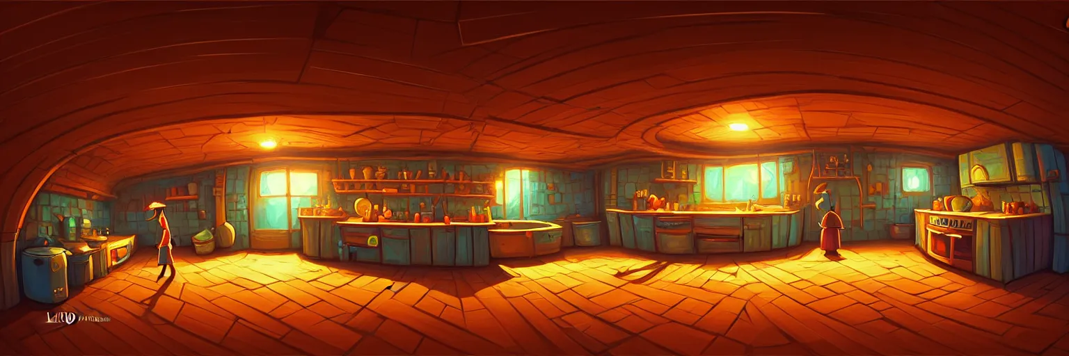 Prompt: underground, fisheye spiral lines, naive, extra narrow, detailed illustration of a basement kitchen, large floor, dimly lit by rhads from lorax movie, trending artstation, wood texture