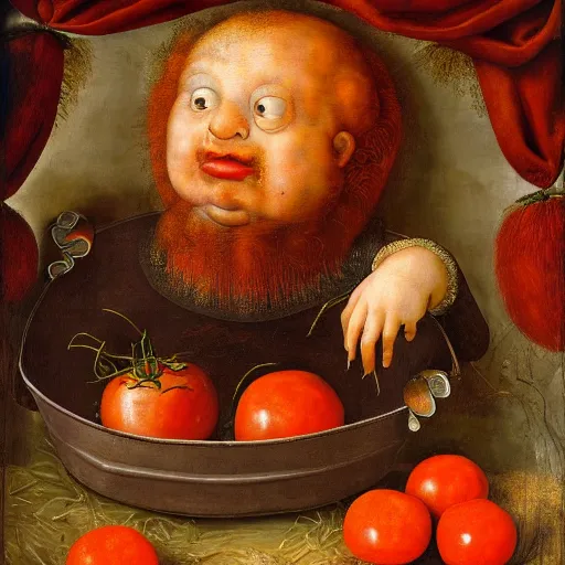 Prompt: a boy sitting in a tub full of tomato sauce, a big meatball lurking in the background, by giuseppe arcimboldo, renaissance, portrait, fruit, detailed oil paint, high definition