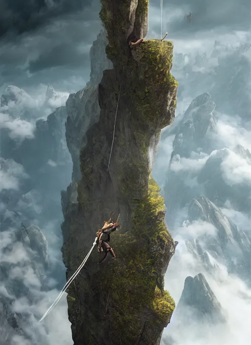 Image similar to close-up portrait action shot of Lara Croft hanging from a cliff ridge, Les Edwards, Zdzislaw Beksinski, Carl Gustav Carus, John Harris, Michal Karcz, Zhang Kechun, Mikko Lagerstedt, Scott Listfield, Steven Outram, Jessica Rossier