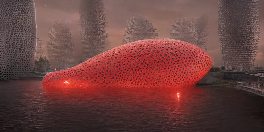Prompt: An epic architectural rendering of a blob shaped trypophobia house with a mysterious red glow emitting from inside in a modern cityscape next to a river, by Zaha Hadid and Greg Rutkowski, tunning, gorgeous, golden ratio, photorealistic, featured on artstation, 4k resolution
