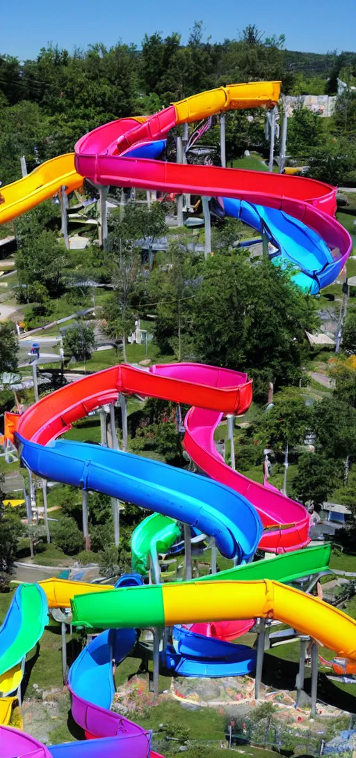 Prompt: waterslides of multiple colors crossing over eachother, infinite waterslides,