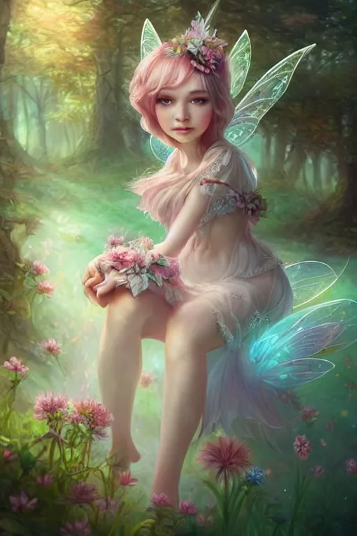 Image similar to a cute fairy in the dreamy forest, fantasy, 8 k resolution, hyper detailed, d & d, character design, digital painting, trending on artstation, sharp focus, illustration, art by artgerm, steve zheng, fuji choko, viktoria gavrilenko, hoang lap