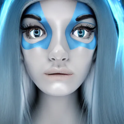 Prompt: female with pale eye lashes and brows, complex hyperdetailed technical suit. siver hair flowing, cryo chamber, pale blue tint, sci - fi, futuristic, ultra realistic, wide angle.