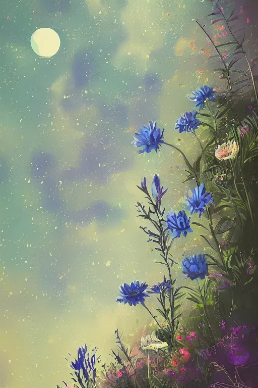 Prompt: beautiful digital matter cinematic painting of whimsical botanical illustration blue flowers moon enchanted dark background, whimsical scene by greg rutkowki and alena aenami artstation