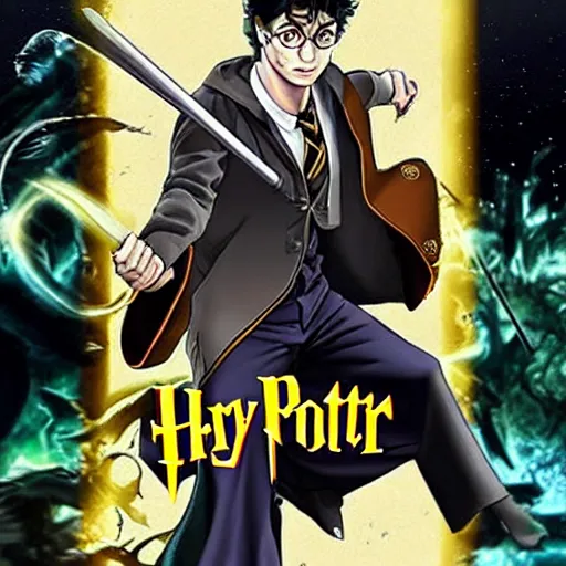 Image similar to Harry Potter as a Jotaro Kujo in JoJo\'s bizarre adventure, epic composition, movie poster, character poster