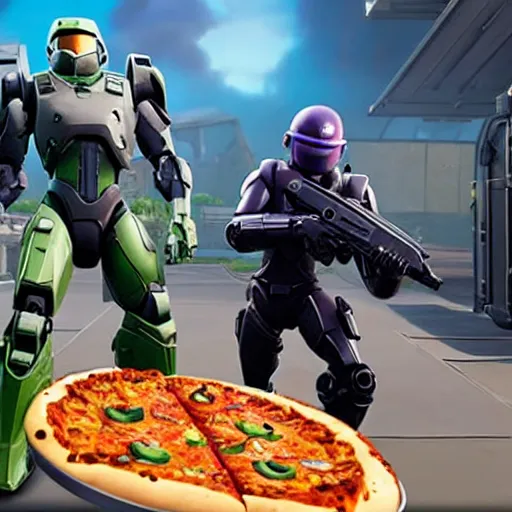 Image similar to Master Chief and Robocop sharing a pizza, a screenshot from Fortnite