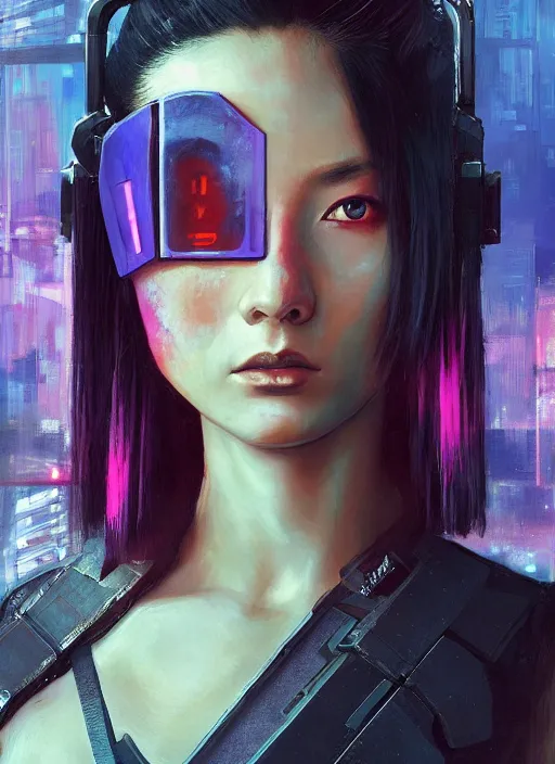 Prompt: Beautiful feminist katana lady with spacebuns. Cyberpunk assassin in tactical gear. blade runner 2049 concept painting. Epic painting by James Gurney, Azamat Khairov, and Alphonso Mucha. ArtstationHQ. painting with Vivid color. (rb6s, Cyberpunk 2077)