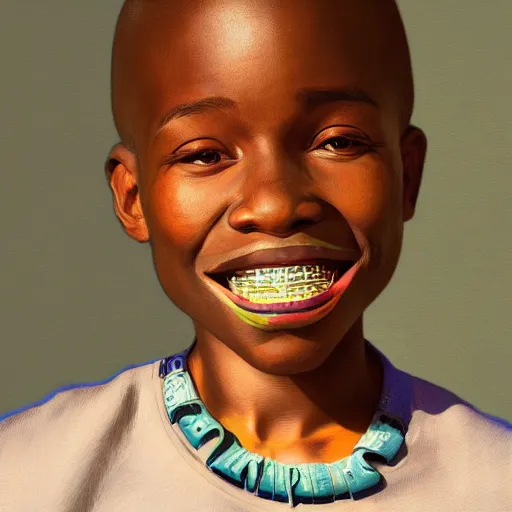 Image similar to colourful upper half caricature portrait of an african boy with sliver teeth grillz, art by hsiao - ron cheng & alphonse mucha, highly detailed, digital painting, ray tracing, concept art, illustration, smooth sharp focus, intricate, symmetry, artstation,