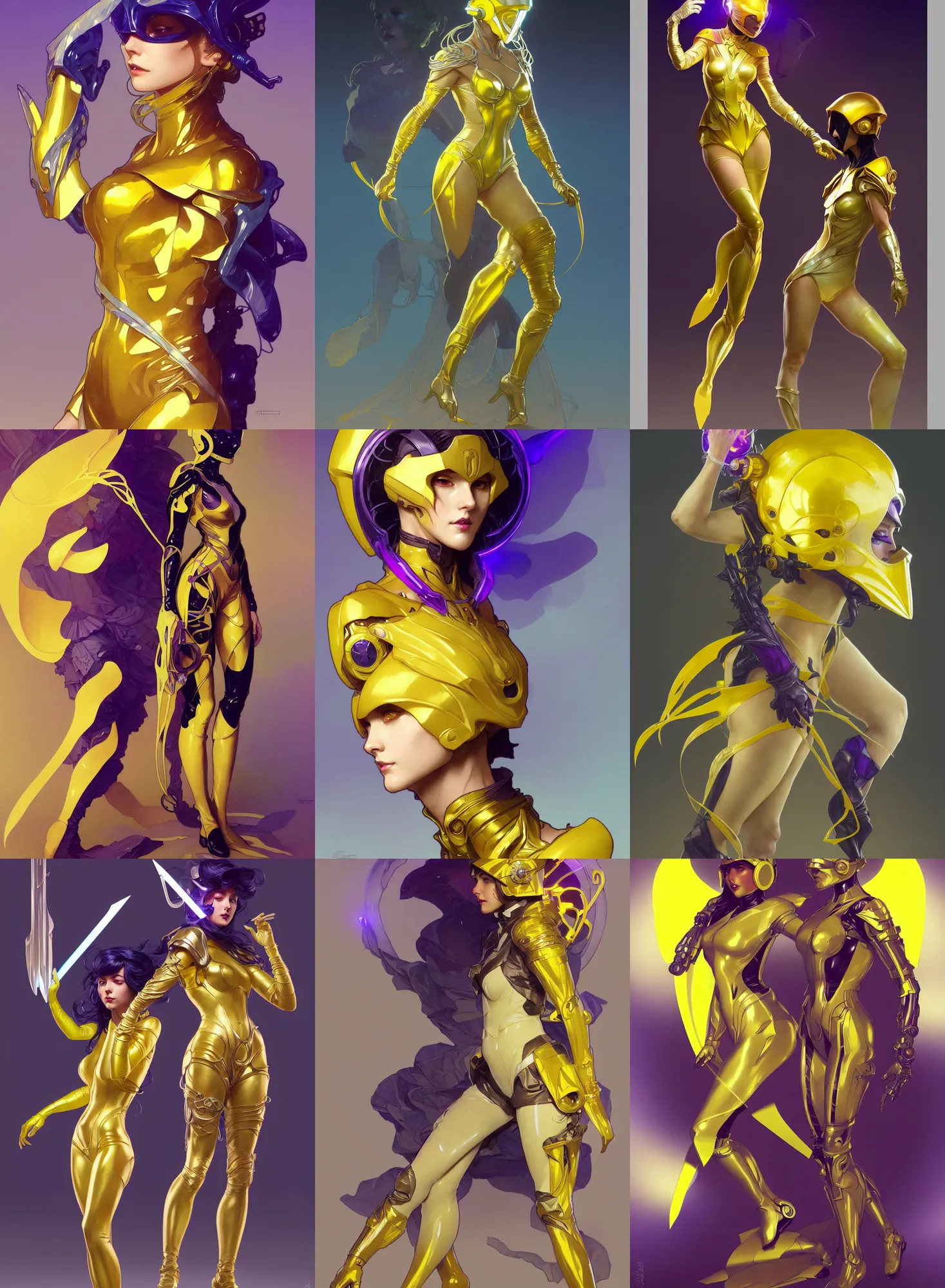 Prompt: a full body character design by artgerm, greg rutkowski and alphonse mucha. sci - fi dagger. yellow and bluish violet translucent plastic tape project show attctive showgirl!! sci - fi helmet!! sharp edges. contour light effect!!. ultra detailed, elegant, intricate, octane render.