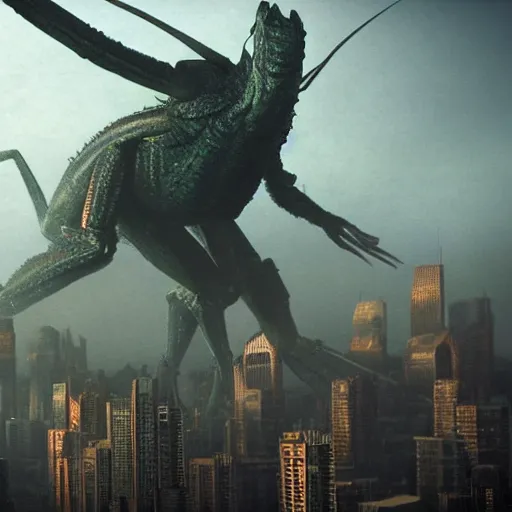 Prompt: a mantis kaiju with spread wings attacking a city, legendary epic shot, blade runner, low camera angle, dust, by artgerm, cloverfield movie, julie bell, beeple and Greg Rutkowski, airbrush, concept art, matte painting, 80s, Smooth gradients, octane render, 8k, High contrast, duo tone, depth of field, volumetric lightning, very coherent artwork