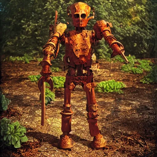 Image similar to D&D, old rusty warforged gardener, dramatic beautiful lighting, 8k photgraphy, codachrome,