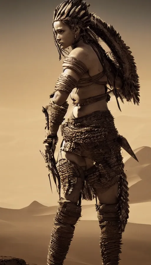 Prompt: solo ancient tribewoman standing against army, partially destroyed armor inspired monster hunter, low shot camera, muscular, symmetrical face, clean face, subtle make up, dramatic lighting, cinematic, establishing shot, extremely high detail, photorealistic, 300 the movie,monster hunter the movie, dune the movie, cinematic lighting, artstation, octane render, western,old photo, vintage, dust and destruction happening around her, freeze time