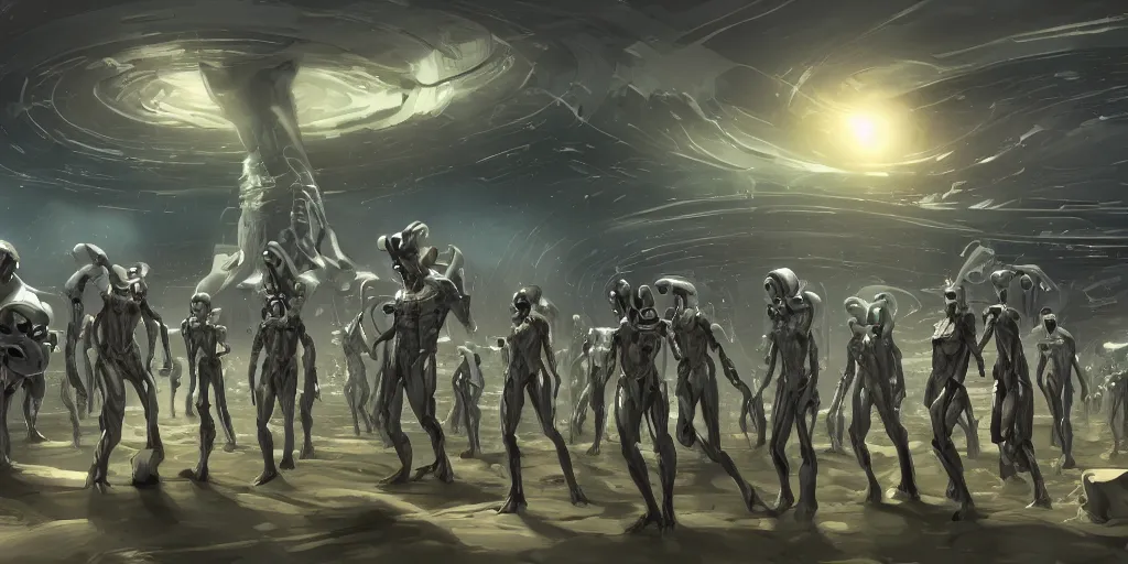 Image similar to digital art, trending on artstation, race of technobiological aliens in a meeting at their base in the galaxy