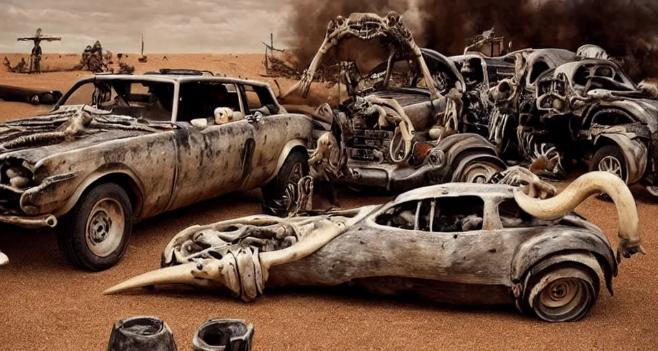 Image similar to mad max cars made out of bones, horns and shells, cinematic lighting,