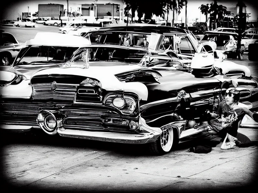 Prompt: “A black and white photo of a lowrider in Los Angeles”