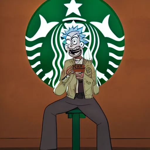 Image similar to Rick Sanchez at starbucks, artstation, digital art, award winning