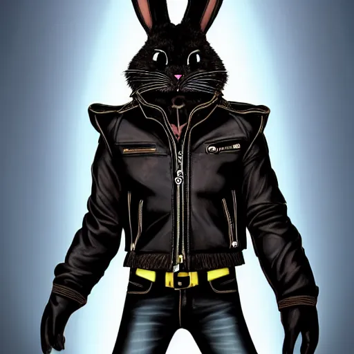 Prompt: An anthro furry anthropomorphic bunny wearing a fine intricate leather jacket and leather jeans and leather gloves, the bunny has a determined look in his eyes, cartoon eyes, human eyes, anime eyes, trending on FurAffinity, energetic, dynamic, digital art, highly detailed, FurAffinity, high quality, anthro, anthropomorphic, furry, digital fantasy art, FurAffinity, favorite, character art