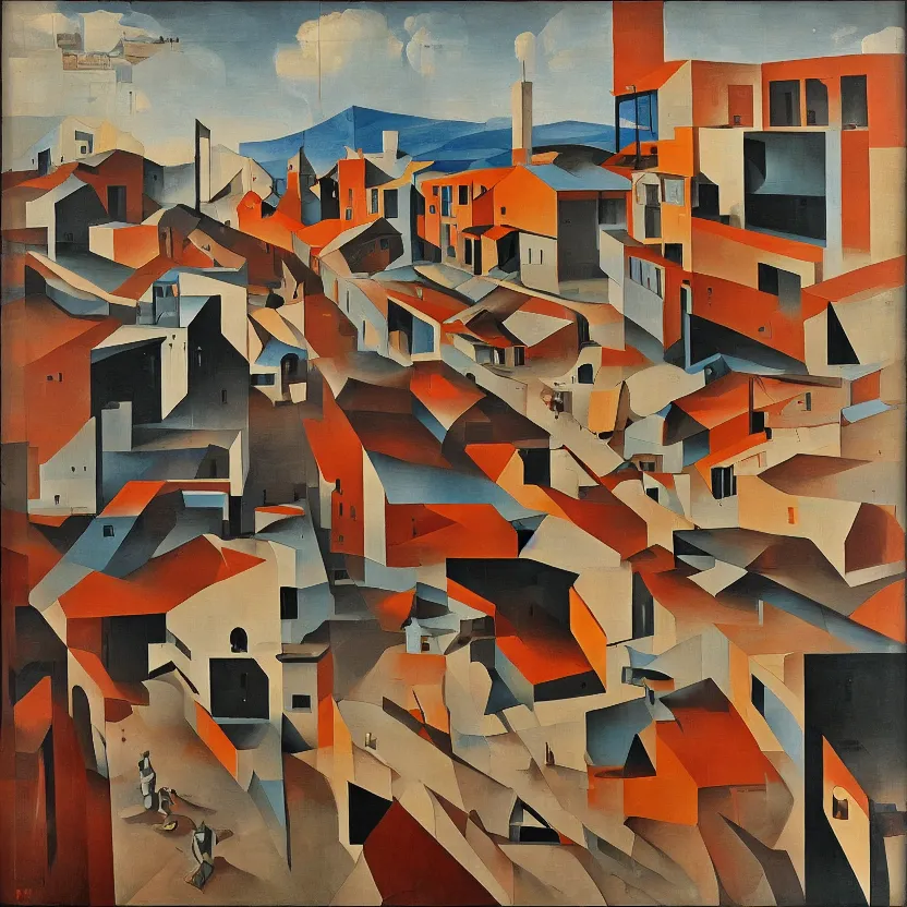 Prompt: two italian majors fighting in a square of a rationalism town, futurism painting, trending on artstation, brush stroke