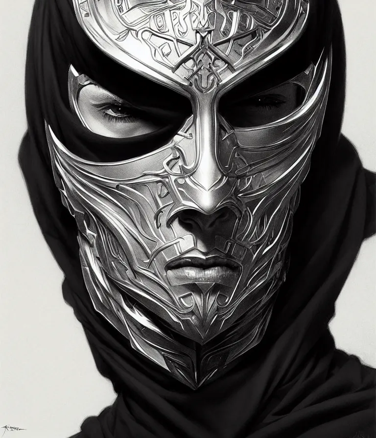 Image similar to ultra realistic illustration, a male with black mask, black t - shirt, intricate, elegant, highly detailed, digital painting, artstation, concept art, smooth, sharp focus, illustration, art by artgerm and greg rutkowski and alphonse mucha