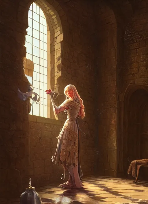 Image similar to highly detailed portrait of a medieval maiden in a castle, stephen bliss, unreal engine, greg rutkowski, loish, rhads, beeple, makoto shinkai and lois van baarle, ilya kuvshinov, rossdraws, tom bagshaw, tom whalen, alphonse mucha, global illumination, god rays, detailed and intricate environment