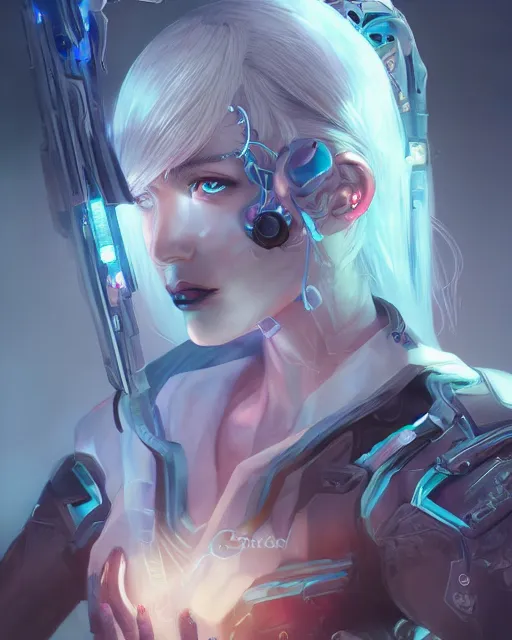 Image similar to holy cyborg necromancer girl, elegant, scifi, futuristic, utopia, garden, illustration, atmosphere, top lighting, blue eyes, white hair, focused, artstation, highly detailed, art by yuhong ding and chengwei pan and serafleur and ina wong