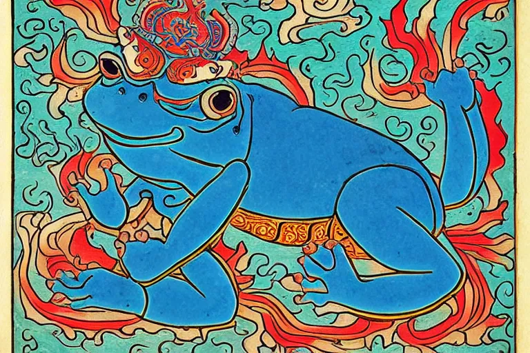 Image similar to buddhist art style illustration of a blue frog with 4 hands, flames, water, flowers, dragons, skeletons