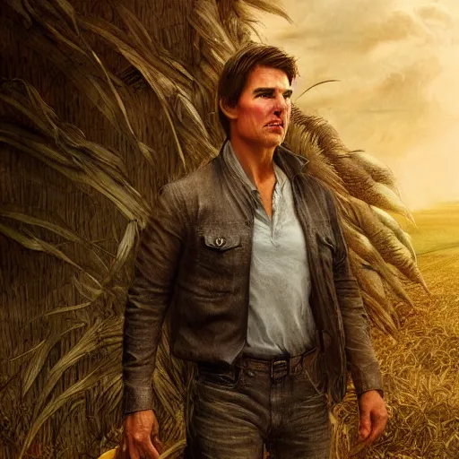 Image similar to Tom Cruise as a corn farmer, high resolution fantasy concept art, intricate details, soft lighting