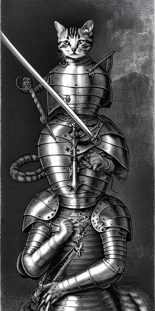 Prompt: engraving portrait of humanoid cat with sword in medieval armoury by gustave dore. trending on deviant art, street art, chillwave, maximalist, full of color, glittering, 8 k, hd