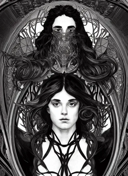 Prompt: the god hephaestus, gigachad, ash hair, glowing eyes, volumetric lights, black and white scheme, art nouveau botanicals, gothic, intricate, highly detailed, digital painting, artstation, concept art, smooth, sharp focus, symmetric face, illustration, art by artgerm and greg rutkowski and alphonse mucha