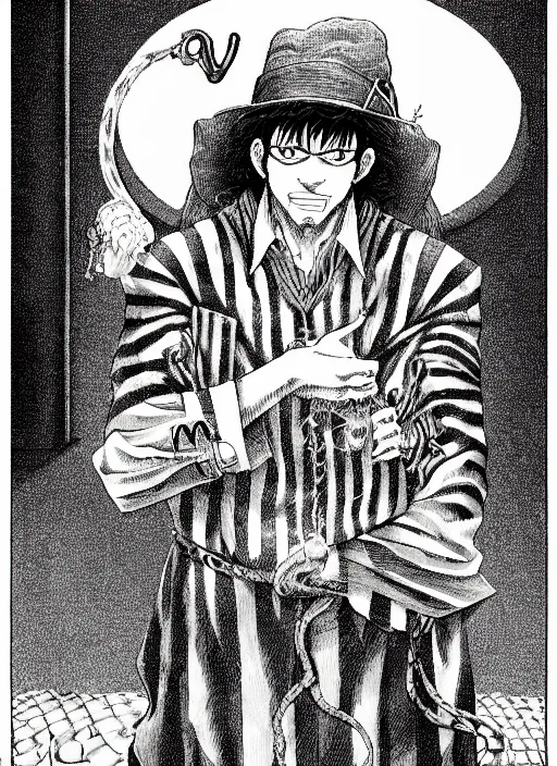 Image similar to portrait of a snake oil salesman by Kentaro Miura, it idn't greasy