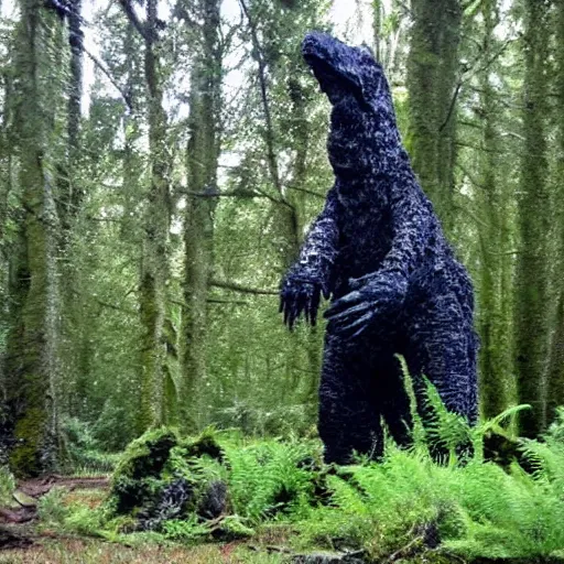 Image similar to mossy recycled tire sculpture of a tyrannosaurus in the forest