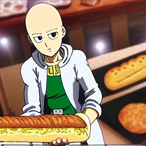 Prompt: saitama one punch man cooking french baguette, bakery