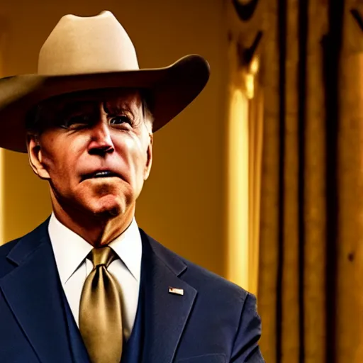 Image similar to joe biden as an old western sheriff, film still, cinematic lighting, 4 k uhd