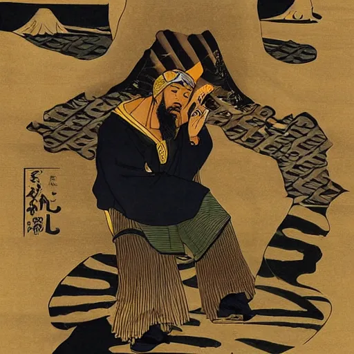 Image similar to U-God from Wu-tang Clan rapping, portrait, style of ancient text, hokusai